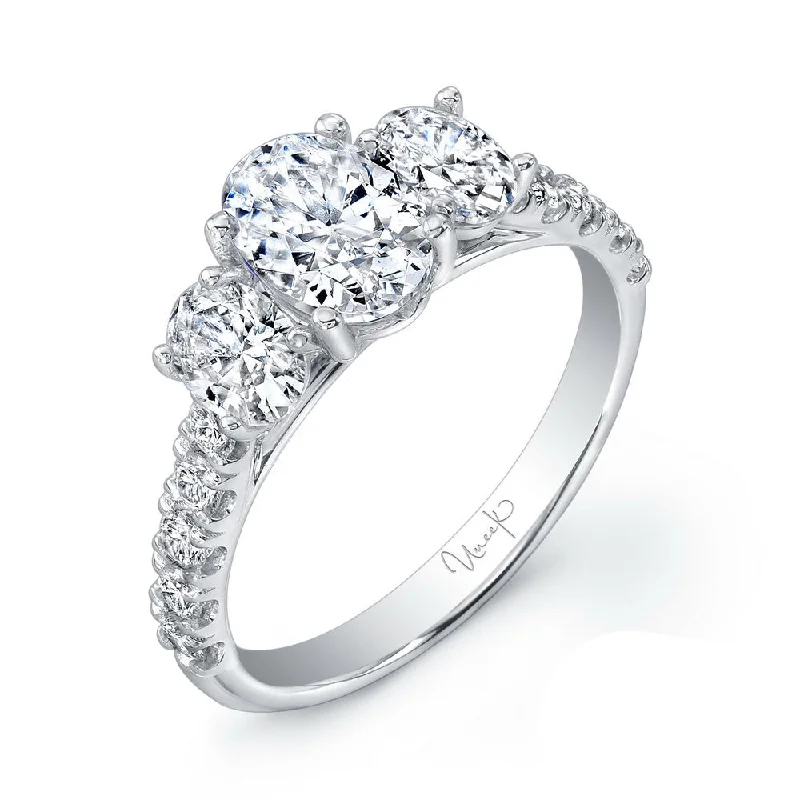 Ladies engagement rings geometric patterns-Uneek Oval Diamond Three-Stone Engagement Ring with Pave Upper Shank