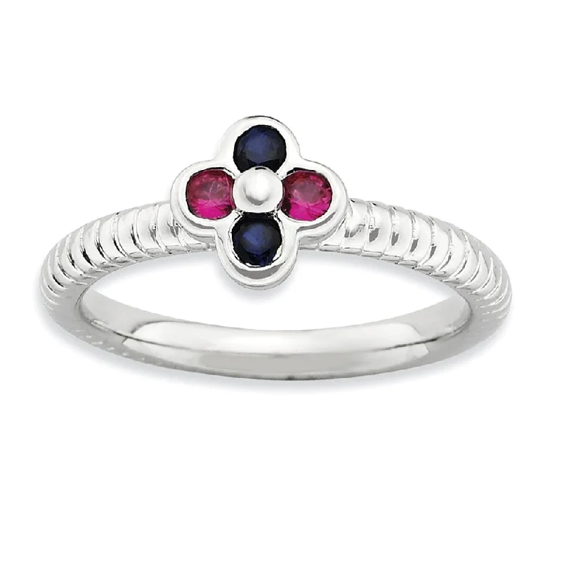 Ladies ring gold styles-Sterling Silver Created Ruby & Created Sapphire 7mm Flower Stack Ring