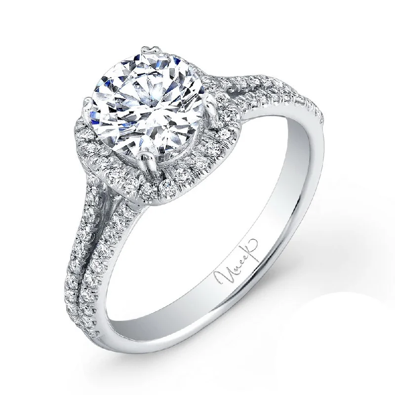 Ladies engagement rings affordable finds-Uneek Round-Diamond-on-Cushion-Halo Engagement Ring with Split Upper Shank