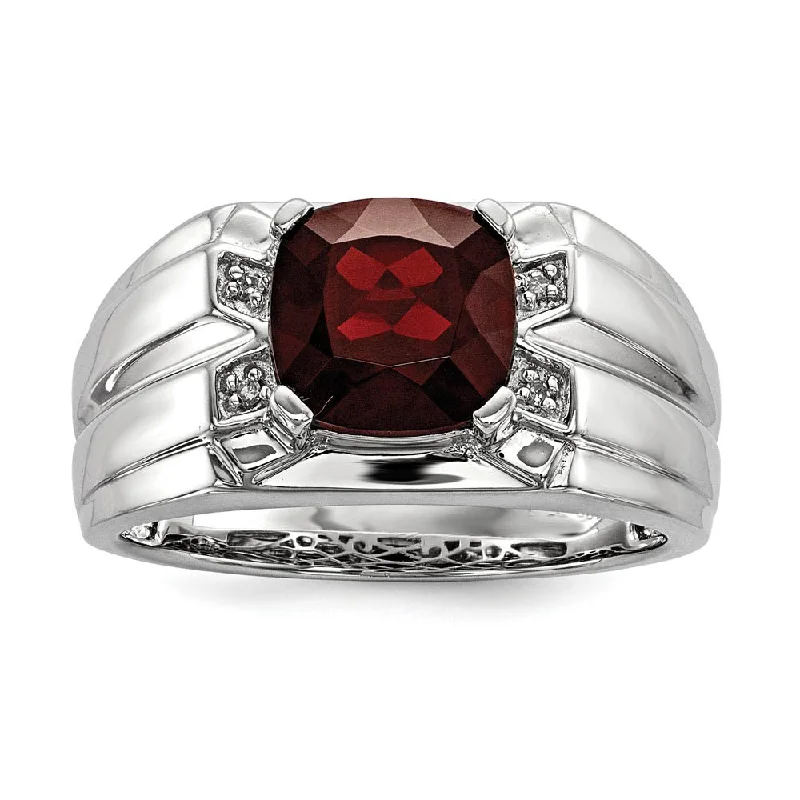 Ladies ring luxurious feel-Cushion Cut Garnet & Diamond Tapered Ring in Sterling Silver