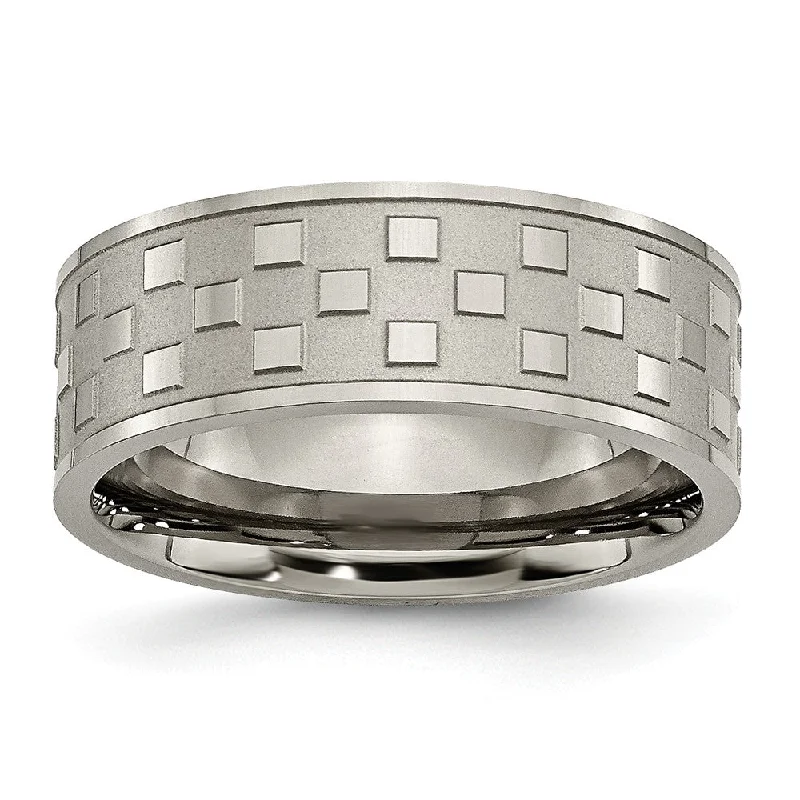 Ladies ring youthful design-Titanium 8mm Satin and Polished Checkered Comfort Fit Band