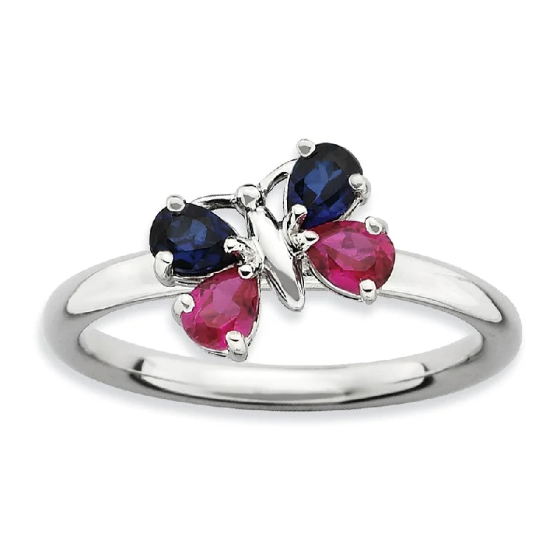 Ladies ring pure silver-Stackable Created Sapphire & Created Ruby Butterfly Silver Ring