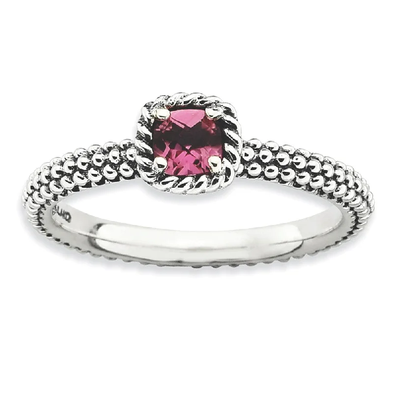 Ladies ring physical stores-Antiqued Sterling Silver Stackable Pink Tourmaline Ring