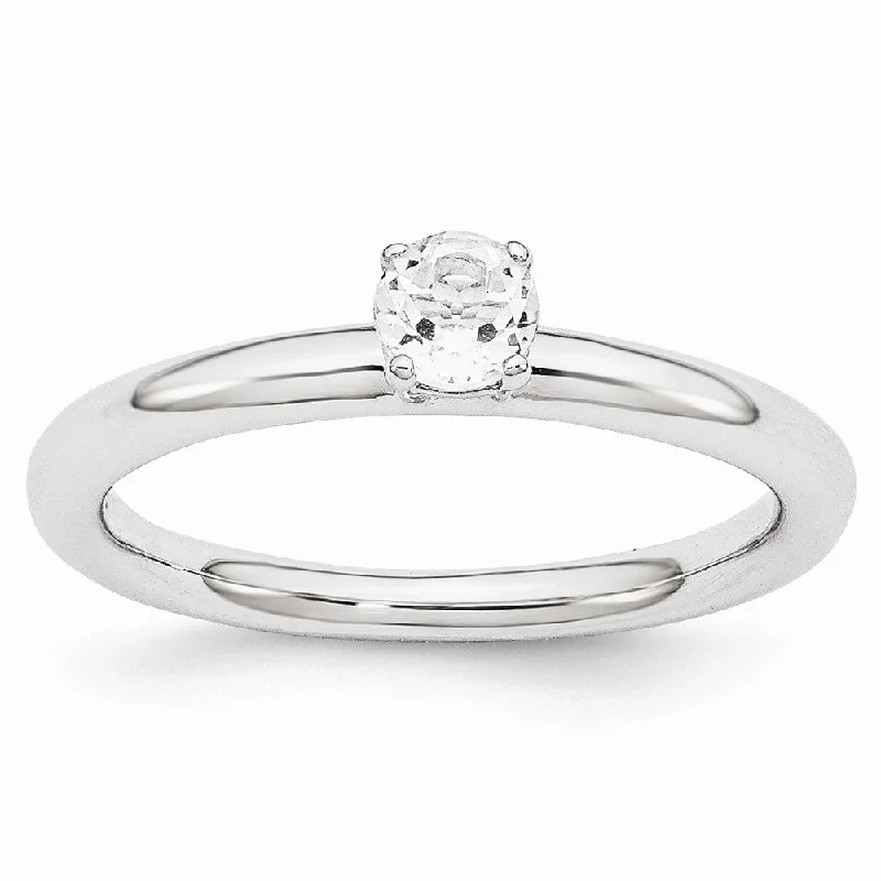 Ladies ring creative ideas-Rhodium Plated Sterling Silver Stackable 4mm Round White Topaz Ring