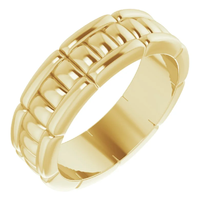 Ladies ring engraved names-6mm 14K Yellow Gold Grooved Pattern Standard Fit Band