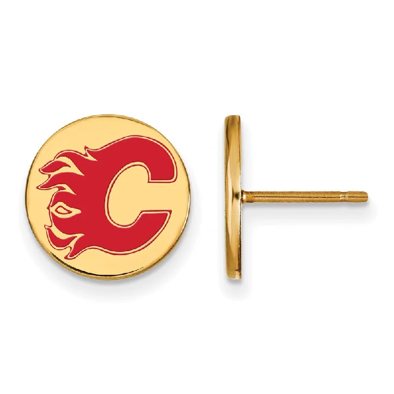 Ladies earrings colorful stones-SS 14k Yellow Gold Plated NHL Calgary Flames SM Enamel Post Earrings