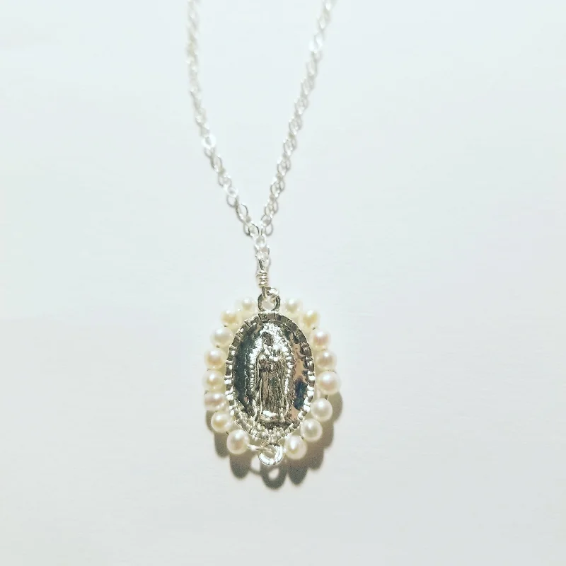 Ladies necklaces handmade art-Virgen de Guadalupe Pearl Charm Necklace