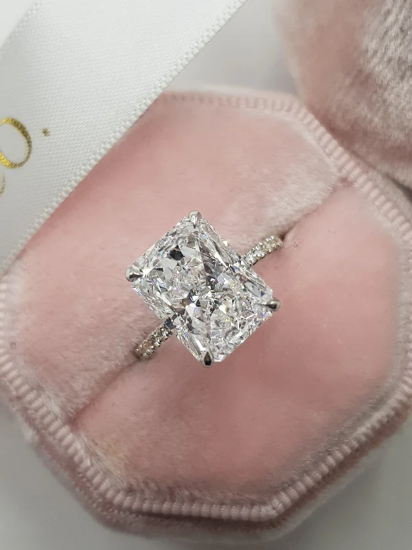 Ladies engagement rings customer reviews-4.55 Carats Radiant Cut Micropaved Side Stones Hidden Halo Diamond Engagement Ring