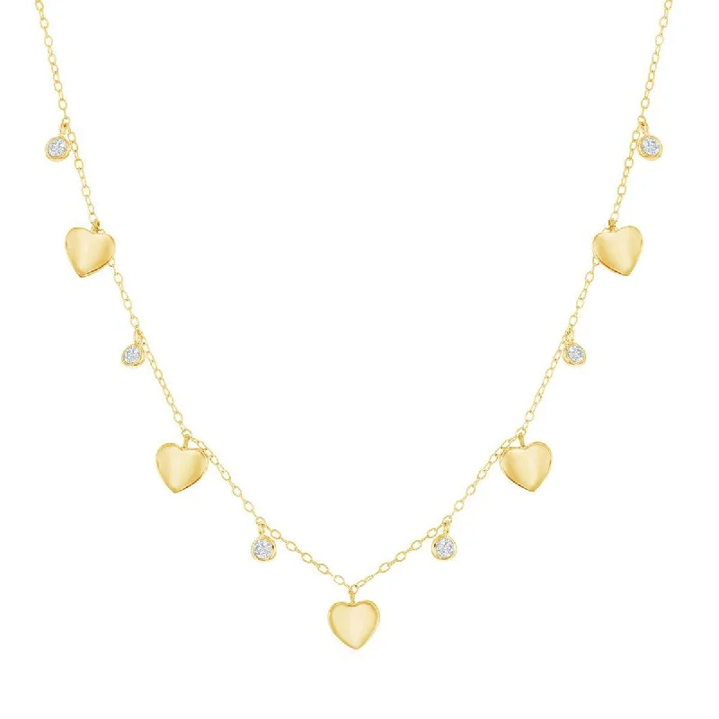 Ladies necklaces engraved names-Classic Women's Necklace - Alternating Gold Plated Heart and Bezel-Set CZ | M-6803-GP