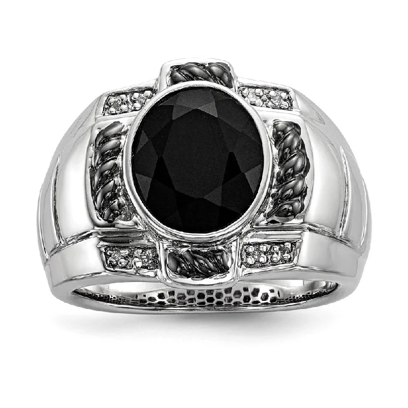 Ladies ring animal theme-Oval Black Onyx & Diamond Two Tone Sterling Silver Tapered Ring