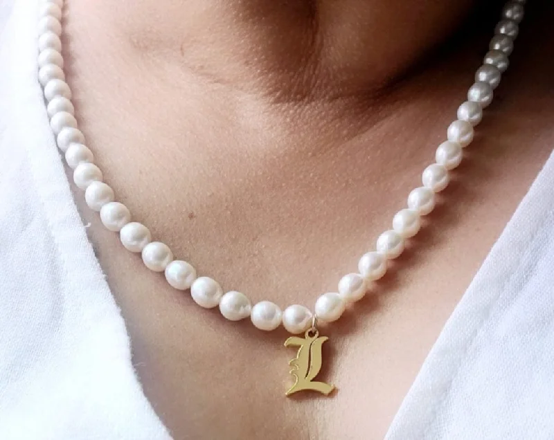 Ladies necklaces choker style-Old English Initial Pearl Necklace