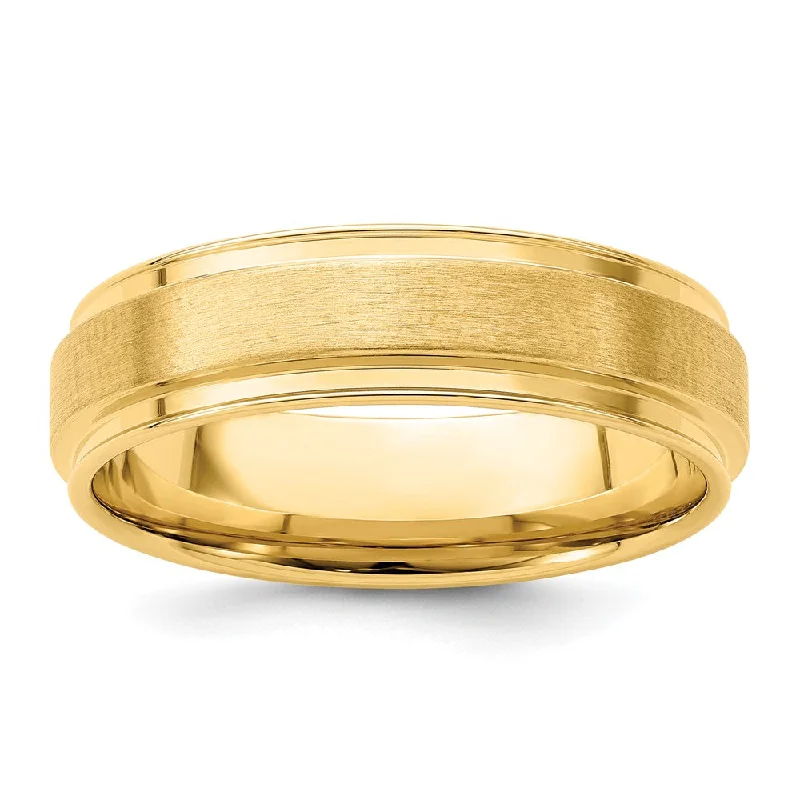 Ladies ring luxurious feel-6mm 14K Yellow Gold Brushed Flat Ridged Edge Comfort Fit Band