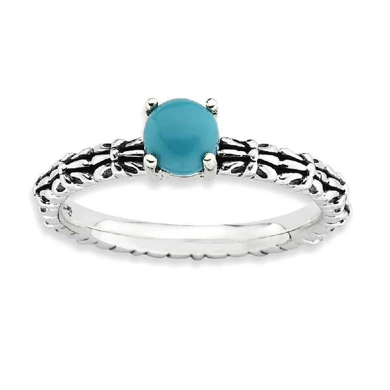 Ladies ring engagement picks-Antiqued SS Stackable Turquoise Ring