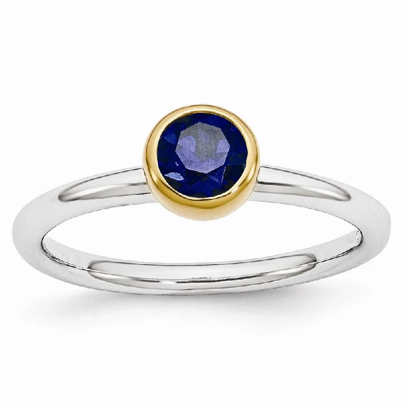 Ladies ring engagement picks-Two Tone Sterling Silver Stackable 5mm Round Created Sapphire Ring