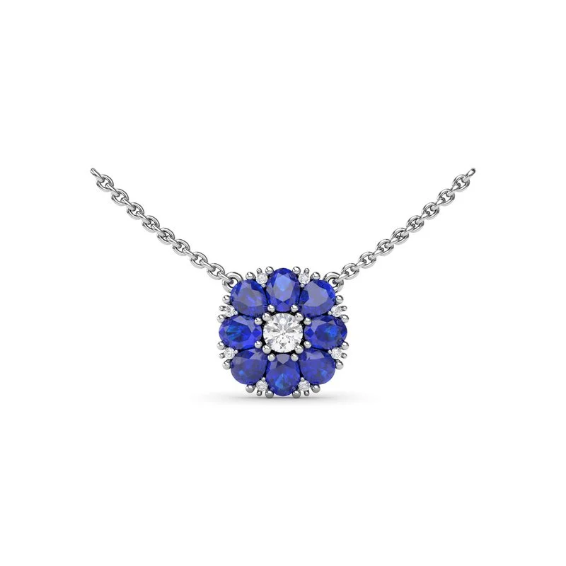 Ladies necklaces lab-created stones-Sapphire Flower Cluster Necklace N1873S