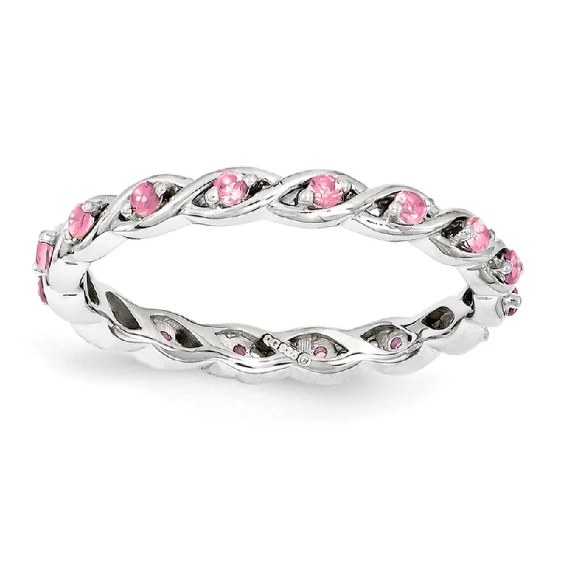 Ladies ring niche brands-2.5mm Rhodium Sterling Silver Stackable Cr. Pink Sapphire Twist Band