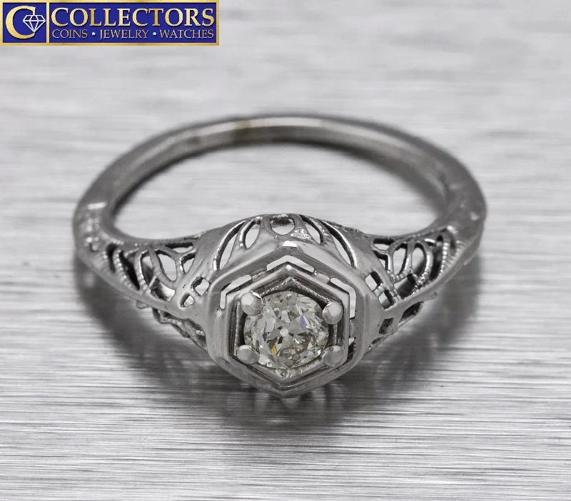 Ladies engagement rings budget-friendly-Antique Art Deco 14K White Gold 0.25ct Diamond Filigree Engagement Ring