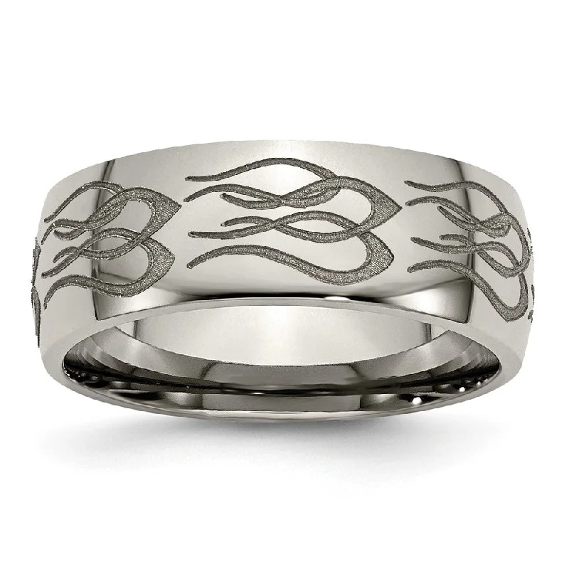 Ladies ring floral design-8mm Titanium Etched & Polished Flames Domed Standard Fit Band