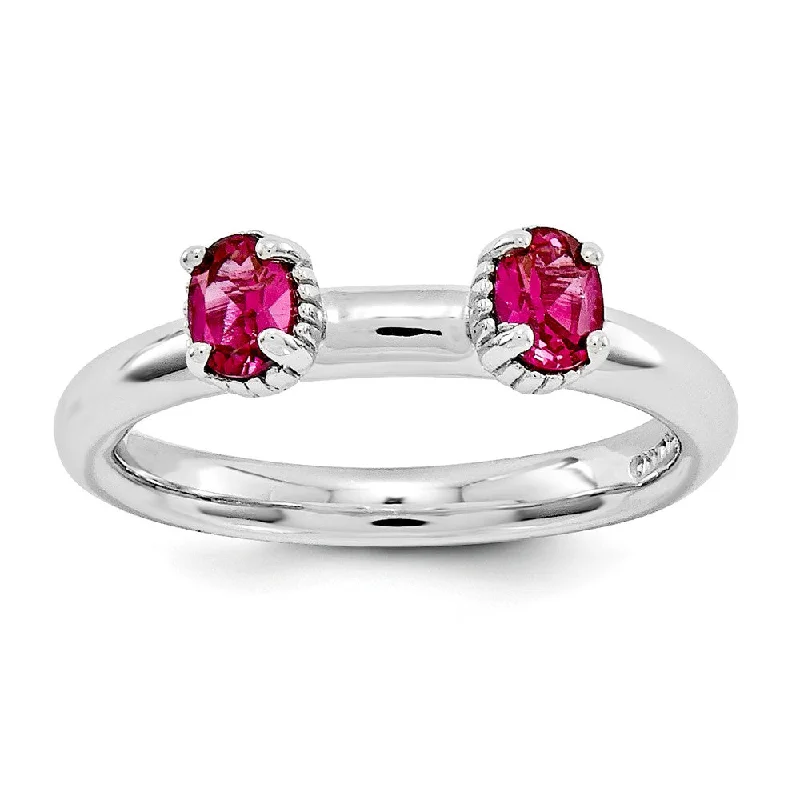 Ladies ring age suitability-Sterling Silver Stackable Created Ruby Oval Two Stone Ring