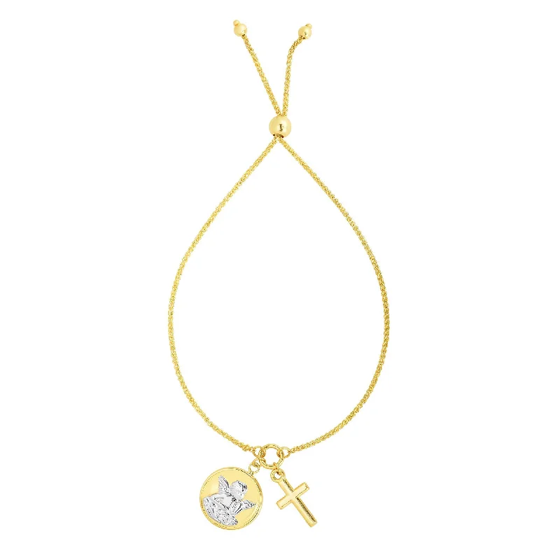 Ladies bracelets personalized touch-14kt Gold 9.25 inches Yellow+White Finish Chain:1mm+Pendant:20x14mm Shiny Cross Adjustable Friendship Bracelet with Draw String Clasp