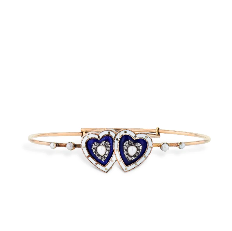 Ladies bracelets bangle style-Victorian Gold Twin Hearts Diamond Estate Bracelet