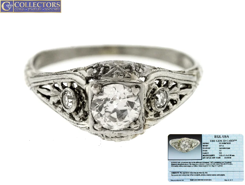 Ladies engagement rings upgrade ideas-Ladies Antique Art Deco 18K White Gold 0.63ctw Diamond Engagement Ring EGL