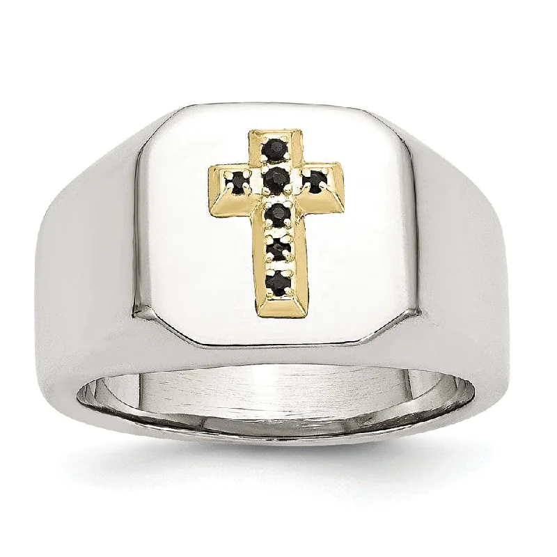 Ladies ring budget-friendly-Stainless Steel 14K Yellow Gold Accent w Sapphires Cross Ring