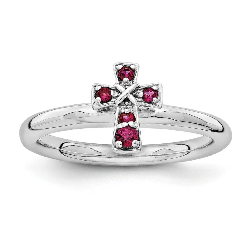 Rhodium Plated Sterling Silver Stackable Created Ruby 9mm Cross Ring