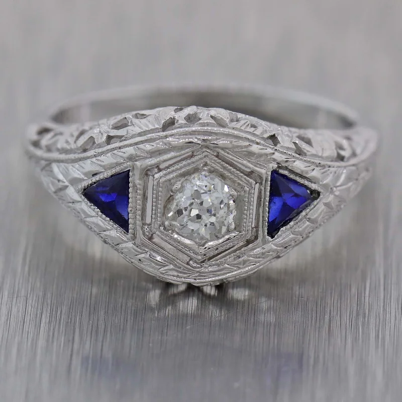 Ladies engagement rings size guide-1930s Antique Art Deco 18k White Gold .40ctw Diamond Sapphire Engagement Ring