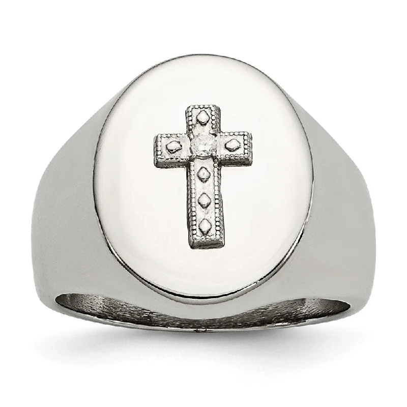 Ladies ring 2025 trends-17mm Stainless Steel, Sterling Silver Cross & CZ Tapered Ring