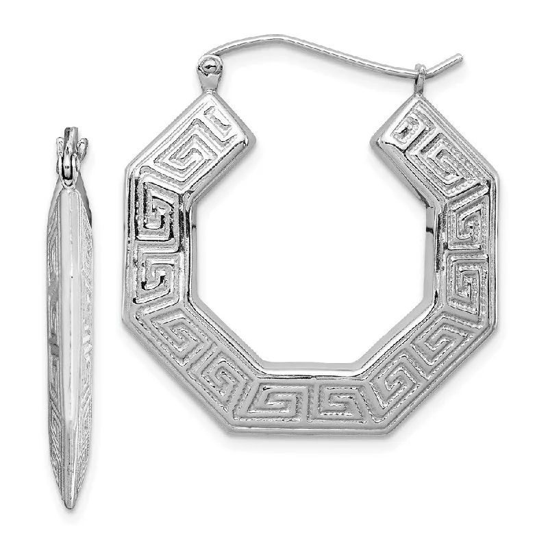 Ladies earrings latest trends-Greek Key Hoop Earrings in Sterling Silver - 29mm (1 1/8 Inch)