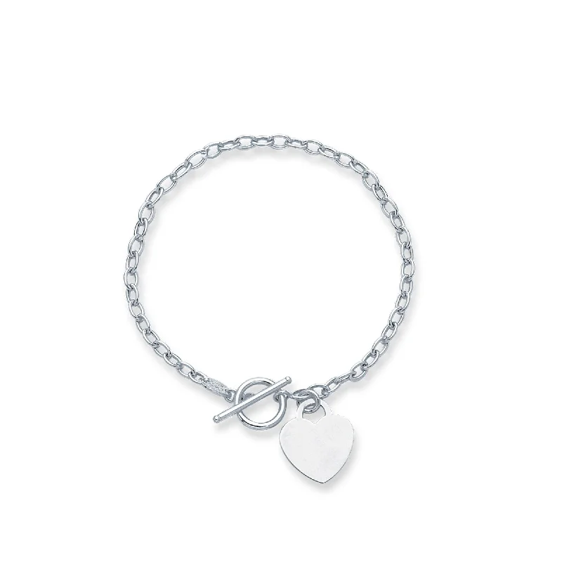 Ladies bracelets geometric shapes-14kt 7.50 inches White Gold Diamond Cut Oval Chain Link Bracelet with Heart + Toggle Lock