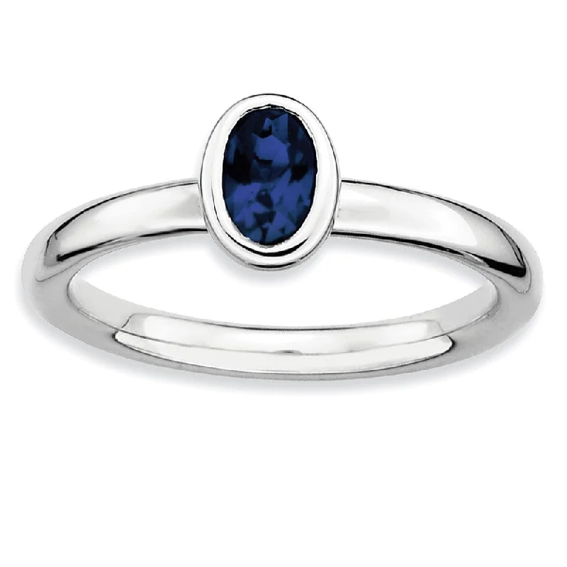 Ladies ring gift ideas-Silver Stackable Oval Created Sapphire Solitaire Ring