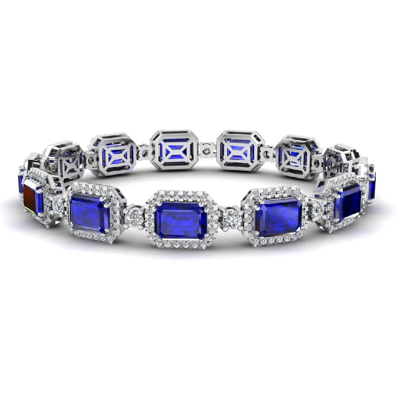 Ladies bracelets everyday use-Emerald Shape 14 Carat Sapphire Center Featuring Diamond Halo Bracelet BRHAEMS