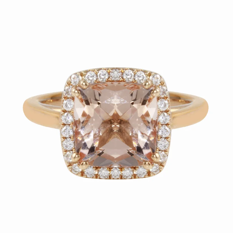 Ladies engagement rings delicate bands-Morganite Cushion-Cut Diamond Pavé Halo and Band Engagement Ring