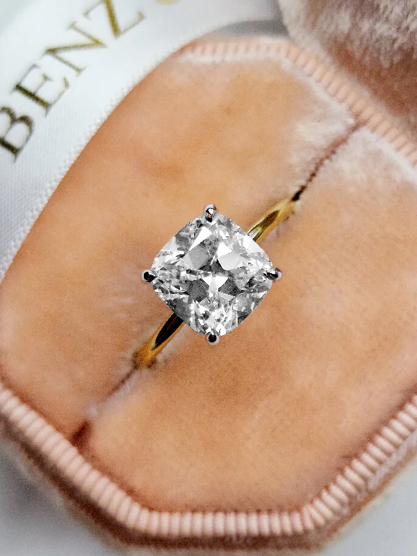 Ladies engagement rings delicate bands-2.86 Carats Lab Grown Old Mine Cushion Cut Two Tone Solitaire Hidden Halo Diamond Engagement Ring