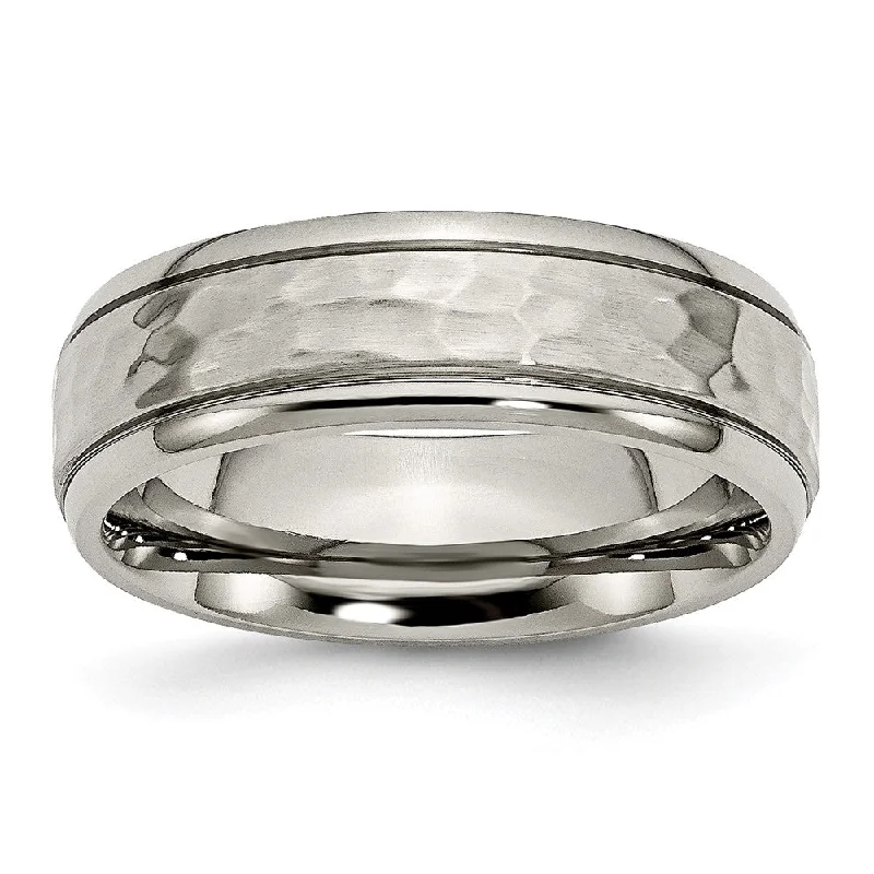 Ladies ring hypoallergenic-Titanium 7mm Grooved Edge And Hammered Comfort Fit Band