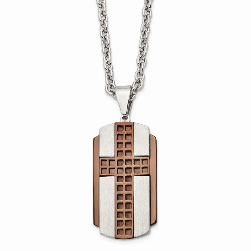 Ladies necklaces social media trends-Stainless Steel Brushed & Polished Brown IP-plated Cross Necklace