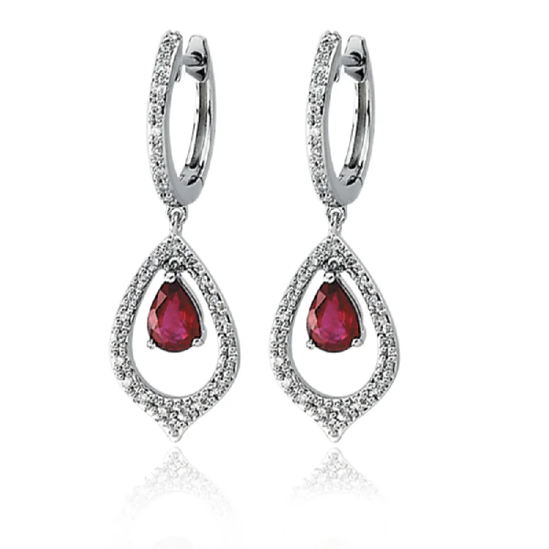 Ladies earrings gold styles-14k White Gold Ruby and Diamond Earrings