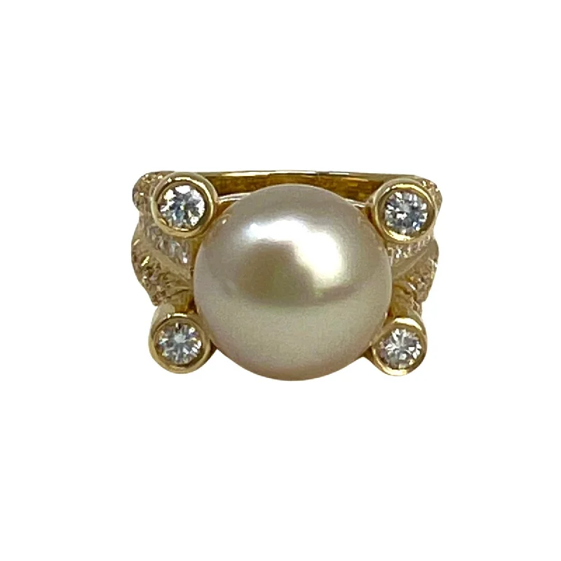 Ladies ring classic styles-Tishman & Lipp 18K Gold Ring with 106 Diamonds and Golden Pearl