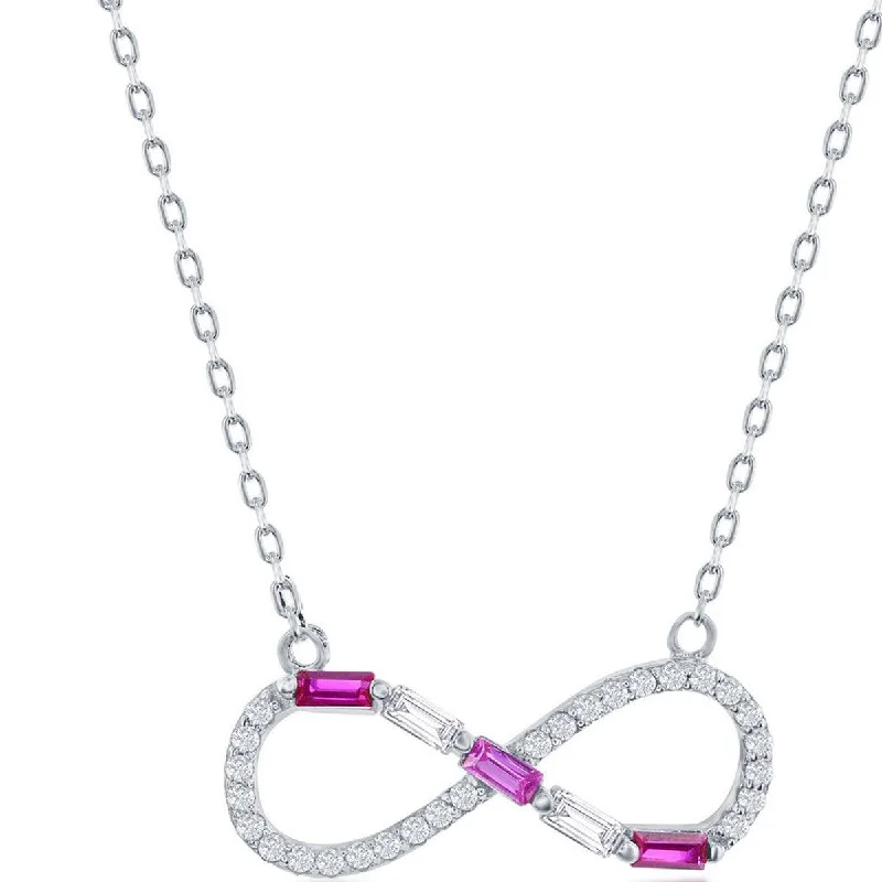 Ladies necklaces sapphire pendants-Classic Women's Necklace - Sterling Round and Ruby Baguette CZ Infinity | M-6951