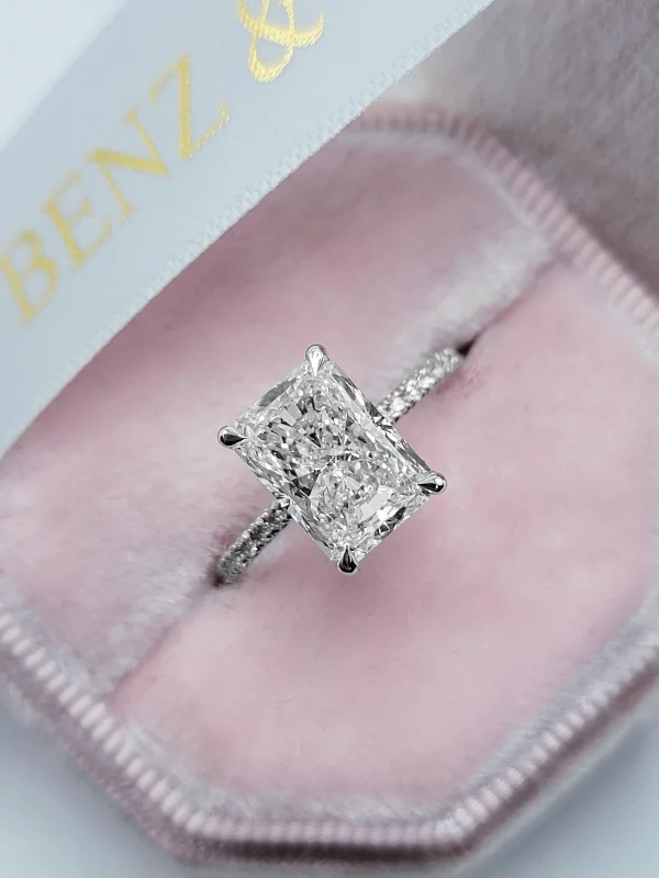 Ladies engagement rings sentimental value-3.54 Carats Lab Grown Radiant Cut Micropaved Side Stones Hidden Halo Diamond Engagement Ring