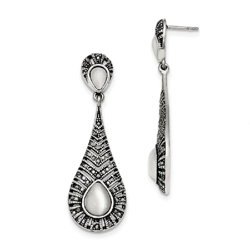 Ladies earrings limited editions-Marcasite & Cat's Eye Teardrop Post Dangle Earrings in Stainless Steel