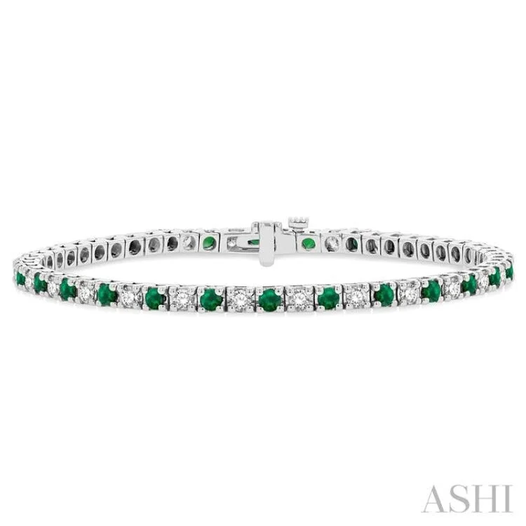 Ladies bracelets age-appropriate-1 1/2 ctw Square Box Link 2.5MM Emerald and Round Cut Diamond Precious Tennis Bracelet in 14K White Gold