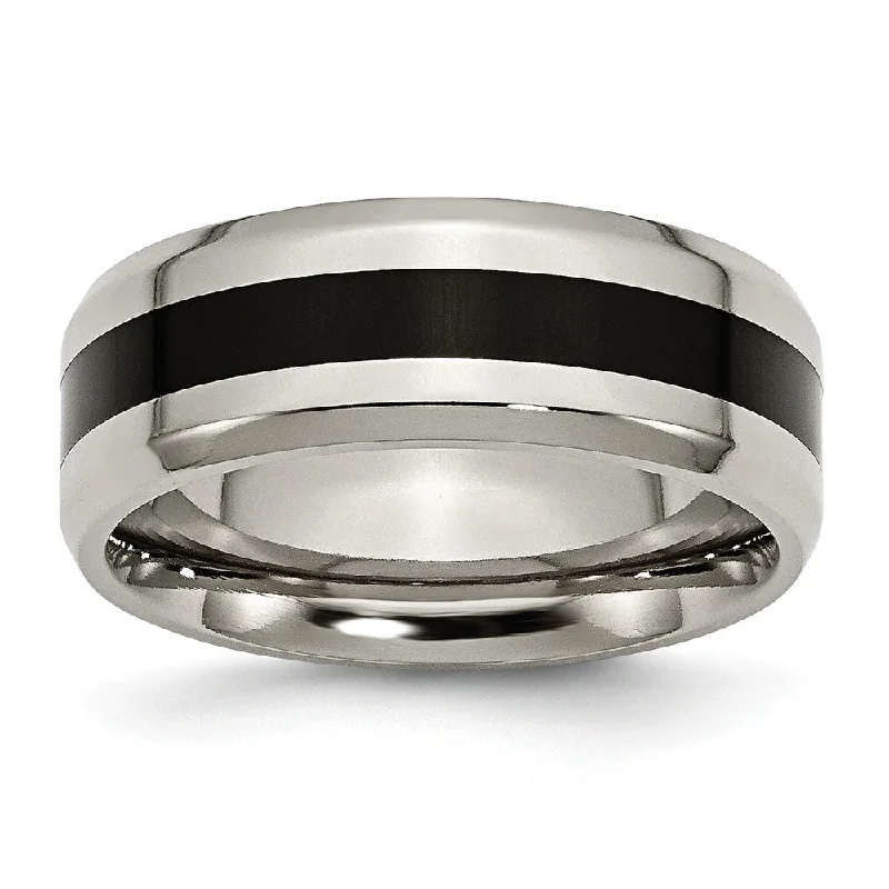 Ladies ring famous brands-Titanium and Black Enamel, 8mm Striped Comfort Fit Band