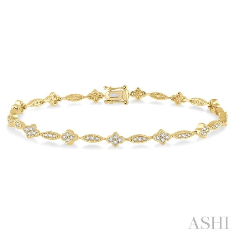 Ladies bracelets custom designs-1 1/10 ctw Marquise and Floral Link Diamond Bracelet in 10K Yellow Gold