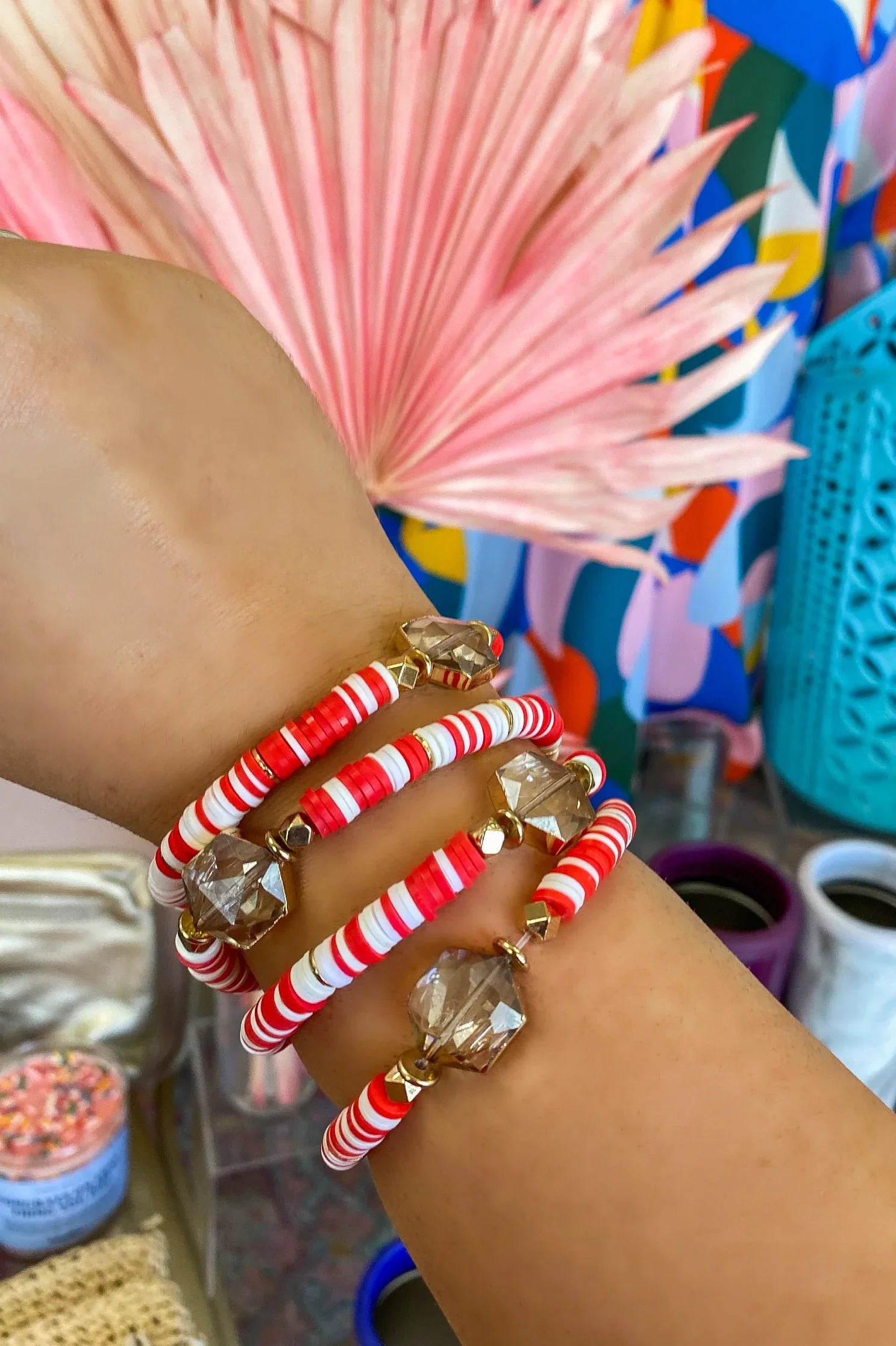 Ladies bracelets holiday specials-Red & White Jeweled Disc Bracelet