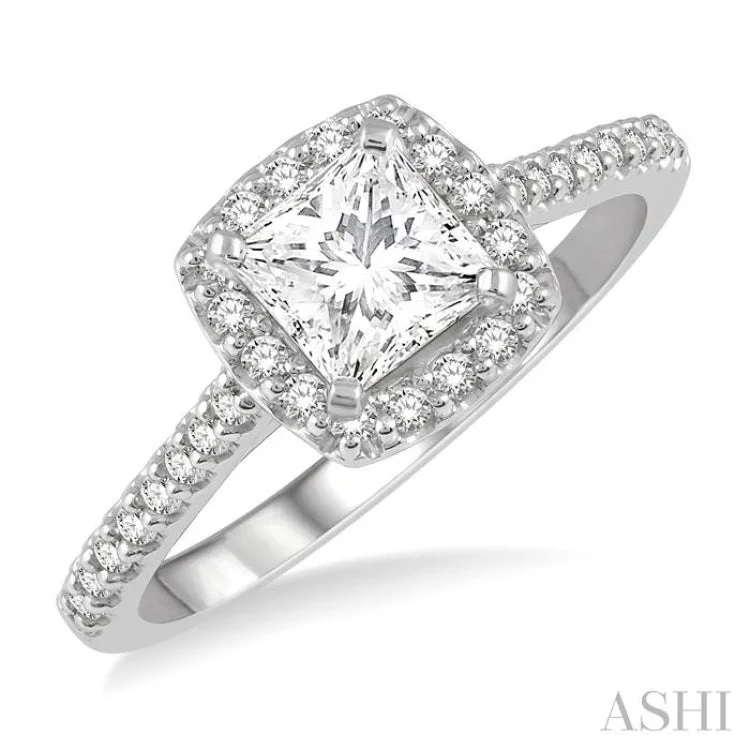 Ladies engagement rings high-end picks-1 Ctw Cushion Shape Round Cut Diamond Engagement Ring With 3/4 Princess Cut Center Stone in 14K White Gold