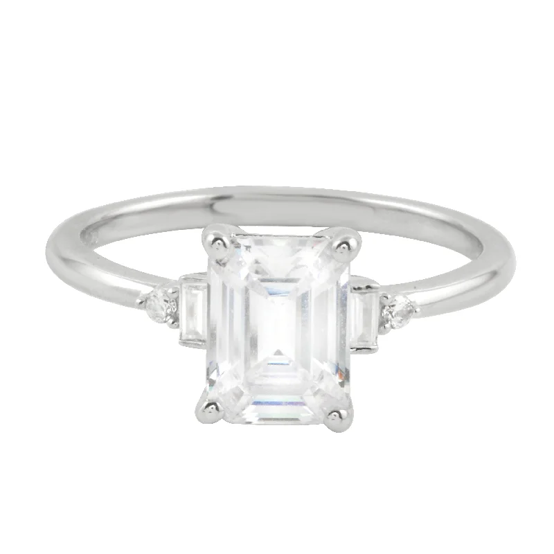 Ladies engagement rings boho styles-Emerald Cut and Baguette Diamond Engagement Ring