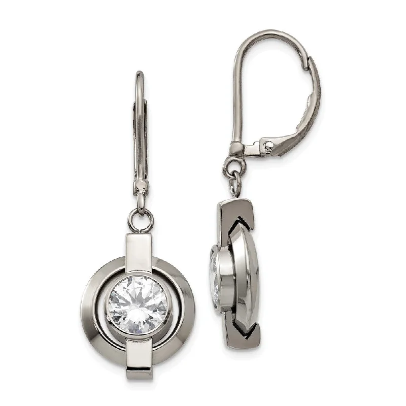 Ladies earrings size guide-Titanium and Cubic Zirconia Circle Lever Back Earrings